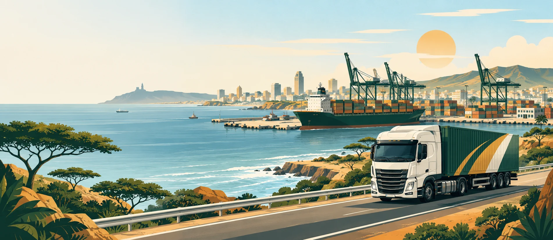 Illustration panoramique du port de Dakar et d’un camion sur la route côtière